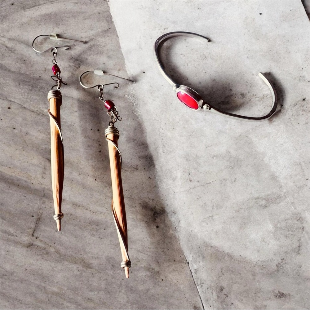 Native American Coral Silver Cuff Bracelet & Bamboo Spike Quill Style Earrings